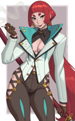 1girl absurdres bell-bottoms blunt_bangs breasts bulge gloves hatsuno_(riz) highres implied_futanari katana lips lipstick long_hair looking_at_viewer makeup medium_breasts original pants red_hair riz smile solo sword weapon