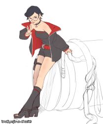 Rule 34 | 1girl, absurdres, bare shoulders, belt, black choker, black jacket, black shirt, black shorts, boruto: naruto next generations, choker, collarbone, english text, full body, glasses, high heels, highres, jacket, long sleeves, naruto (series), open clothes, open jacket, red belt, red jacket, shiny skin, shirt, short hair, shorts, sleeveless, sleeveless shirt, smile, smollb nsfw, solo, standing, uchiha sarada, unfinished, v
