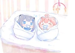 Rule 34 | 2girls, aged down, ahoge, animal ear fluff, animal ears, baby, blue archive, blue eyes, blush, closed eyes, commentary, cradle, grey hair, hair ornament, highres, hoshino (blue archive), lying, mobile, multiple girls, on back, pacifier, pink hair, shiroko (blue archive), symbol-only commentary, urode