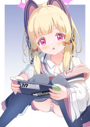 1girl absurdres animal_ear_headphones animal_ears black_thighhighs blonde_hair blue_archive blush bow fake_animal_ears halo handheld_game_console headphones highres holding holding_handheld_game_console jacket knees_up long_hair long_sleeves looking_at_viewer momoi_(blue_archive) open_mouth orange_bow panties pantyshot pink_halo ratemaru red_eyes school_uniform shirt simple_background solo striped_clothes striped_panties thighhighs underwear white_background white_jacket white_shirt