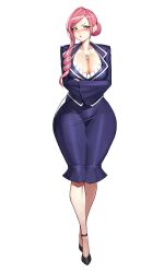 1girl absurdres black_footwear blue_jacket blue_skirt blush breasts cleavage closed_mouth commission crossed_ankles crossed_arms flower flower_necklace full_body green_eyes gurimjang hair_bun hair_flower hair_ornament hair_over_shoulder hanazono_hahari highres jacket jewelry kimi_no_koto_ga_dai_dai_dai_dai_daisuki_na_100-nin_no_kanojo large_breasts long_hair long_sleeves looking_at_viewer mature_female necklace parted_bangs pencil_skirt pink_hair pixiv_commission ringlets simple_background single_hair_bun skirt solo standing suit_jacket taut_clothes taut_skirt v-shaped_eyebrows white_background white_flower wide_hips wide_sleeves