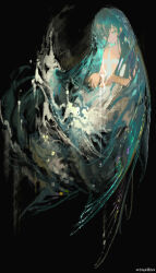 1girl 37_(reverse:1999) absurdres aqua_eyes aqua_hair bare_shoulders black_background closed_mouth hair_between_eyes hands_up highres incredibly_absurdres long_hair looking_at_hand looking_down reverse:1999 see-through_clothes see-through_veil smile solo triangle upper_body veil very_long_hair water watermark weibo_watermark zajiii_(zajiii_gaoao)