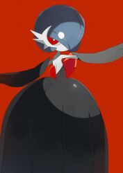 Rule 34 | alternate color, black dress, black gloves, blue hair, bob cut, dress, elbow gloves, gardevoir, gen 3 pokemon, gloves, highres, looking at viewer, mega gardevoir, mega pokemon, nintendo, pokemon, pokemon (creature), red background, red eyes, shicha (yagu), shiny pokemon, simple background, strapless, strapless dress