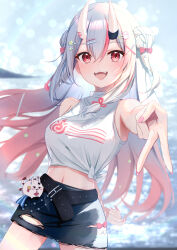 1girl :d absurdres alternate_costume arm_behind_back bare_shoulders belt black_belt blue_skirt blurry blurry_background bow breasts commentary_request day denim denim_skirt double_bun fangs gradient_hair gyaru_v hair_between_eyes hair_bow hair_bun hair_ornament hairclip highres hihi_(oekakihix) hololive horns long_hair looking_at_viewer medium_breasts midriff miniskirt multicolored_hair nail_polish nakiri_ayame navel ocean oni open_mouth outdoors pink_nails poyoyo_(nakiri_ayame) print_shirt red_eyes red_hair shirt side_up_bun skin-covered_horns skirt sleeveless sleeveless_shirt smile solo standing star_(symbol) star_hair_ornament streaked_hair teeth tied_shirt torn_clothes torn_skirt two_side_up upper_teeth_only v virtual_youtuber white_hair white_shirt x_hair_ornament