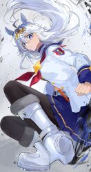 1girl ahoge animal_ears blue_skirt boots clenched_hands closed_mouth commentary_request ear_ornament full_body grey_hair hair_ornament highres horse_ears horse_girl horse_tail jacket long_hair midriff multicolored_hair navel oguri_cap_(umamusume) pantyhose partial_commentary simple_background skirt solo streaked_hair tail tuksi0302 umamusume umamusume:_cinderella_gray white_background white_boots white_jacket