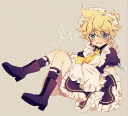 !? 1boy alternate_costume apron black_boots blonde_hair blue_eyes blush boots commentary_request crossdressing dress embarrassed enmaided flustered flying_sweatdrops frilled_apron frilled_dress frilled_sleeves frills full_body hair_between_eyes highres kagamine_len lace-up_boots looking_down maid maid_apron maid_headdress male_focus male_maid mattari_haruto messy_hair necktie panties pantyshot short_hair short_sleeves solo thighs underwear vocaloid yellow_necktie