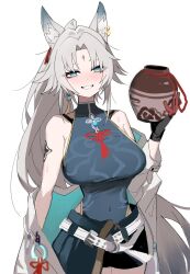 1girl @_@ animal_ear_fluff animal_ears bare_shoulders blue_eyes blush breasts china_dress chinese_clothes covered_navel dress earrings eyeliner feixiao_(honkai:_star_rail) forehead_jewel fox_ears fox_girl gloves grey_hair grin highres holding honkai:_star_rail honkai_(series) hsk10107 jewelry large_breasts long_hair makeup red_eyeliner shorts simple_background single_earring sleeveless smile solo sweat tassel very_long_hair white_background