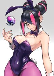 1girl absurdres animal_ears ap_cammy bare_shoulders black_hair black_leotard breasts cleavage collarbone cowboy_shot diagonal_bangs fake_animal_ears fake_tail grey_background hair_over_one_eye han_juri highres horn-shaped_hair large_breasts leotard master_ball multicolored_hair nintendo pantyhose pink_hair playboy_bunny poke_ball pokemon purple_eyes purple_pantyhose rabbit_ears rabbit_tail simple_background solo strapless strapless_leotard streaked_hair street_fighter tail two-tone_hair