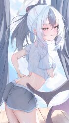 1girl arm_under_breasts black_hair black_nails blue_archive blush breasts bright_pupils butt_crack crop_top curtains demon_wing dripping dripping_sweat fingernails from_side halo hand_on_own_hip highres horns kayoko_(blue_archive) lips long_fingernails long_hair multicolored_hair mumu_(2arlcevpxn83807) ponytail red_eyes shirt short_shorts shorts single_wing small_breasts solo standing sweat t-shirt two-tone_hair white_hair white_pupils white_shirt wings
