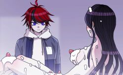 1boy 1girl blue_eyes caught cream food fruit hood hood_down hoodie nude red_hair sumino_takumi the_hundred_line_-last_defense_academy-