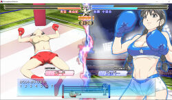 Rule 34 | 2girls, boxing, boxing gloves, boxing ring, boxing shorts, english text, japanese text, lying, multiple girls, on back, original, shorts, sports bra, stadium, tagme, tomjpn, unconscious, underwear, video game