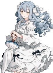 1girl bang_dream! bang_dream!_it&#039;s_mygo!!!!! blue_hair blush bow closed_mouth cowboy_shot dress drill_hair hair_ribbon highres holding holding_umbrella long_hair long_sleeves looking_at_viewer migolu ribbon simple_background smile solo togawa_sakiko twitter_username umbrella white_background white_bow white_dress white_ribbon white_umbrella yellow_eyes