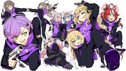 Rule 34 | 6+girls, akai haato, aki rosenthal, anya melfissa, black jacket, black pants, blonde hair, delinquent, hakos baelz, hakui koyori, highres, hololive, hololive english, hololive grand theft auto, hololive indonesia, hood, hoodie, jacket, long hair, multiple girls, nail polish, nakiri ayame, nanashi mumei, outline, pants, purple hair, purple hoodie, red hair, shoes, short hair, simple background, sneakers, tataki tuna, tokoyami towa, transparent background, usada pekora, virtual youtuber, white outline