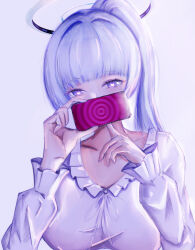 1girl absurdres blue_archive blunt_bangs cellphone dress heart heart-shaped_pupils highres holding holding_phone hypnosis long_hair looking_at_viewer mind_control mizugizoinowaki noa_(blue_archive) noa_(pajamas)_(blue_archive) official_alternate_costume official_alternate_hairstyle phone ponytail purple_eyes sidelocks smartphone solo symbol-shaped_pupils upper_body white_dress white_hair