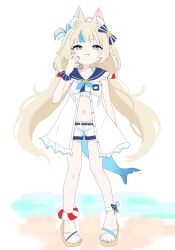 Rule 34 | 1girl, absurdres, ahoge, animal ear fluff, animal ears, blue eyes, blue hair, blue nails, bobok, breasts, cat ears, closed mouth, dress, fang, fins, fish girl, fish tail, full body, highres, indie virtual youtuber, long hair, low twintails, nail polish, navel, one side up, open clothes, open dress, sameko saba, short shorts, shorts, sleeveless, sleeveless dress, small breasts, smile, solo, tail, toenail polish, toenails, twintails, very long hair, virtual youtuber, white dress, white shorts