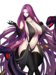 1girl absurdly_long_hair ass bare_shoulders black_gloves black_one-piece_swimsuit black_slingshot_swimsuit black_thighhighs breasts claws cleavage covered_erect_nipples cowboy_shot curvy elbow_gloves fate/grand_order fate_(series) female_focus formal_clothes gloves gold_necklace gorgon_(fate) halterneck highres huge_ass huge_breasts jewelry large_breasts living_hair long_hair looking_at_viewer matching_hair/eyes medusa_(fate) medusa_(rider)_(fate) midriff minami_koyogi monster_girl navel necklace o-ring o-ring_swimsuit one-piece_swimsuit parted_lips purple_eyes purple_hair rider scales simple_background slingshot_swimsuit smile snake solo star_(symbol) swimsuit tail thick_thighs thighhighs thighs translation_request very_long_hair white_background wide_hips