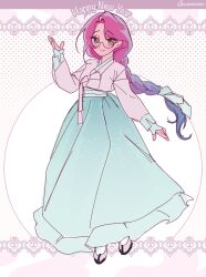 Rule 34 | 1girl, abcd888888889, alien stage, alternate costume, blue hair, blue skirt, braid, commentary request, daenggi, full body, glasses, gradient hair, green eyes, hanbok, happy new year, highres, korean clothes, korean commentary, long hair, mizi (alien stage), multicolored hair, new year, pink hair, pink hanbok, single braid, skirt, solo, two-tone hair, very long hair