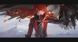 Rule 34 | 1boy, aji 11300913, bird, bird on hand, black border, black gloves, black shirt, border, character name, closed mouth, collared jacket, commentary request, dated, diluc (genshin impact), diluc (red dead of night) (genshin impact), english text, genshin impact, gloves, grey sky, hand up, happy birthday, highres, jacket, light particles, long hair, looking at viewer, male focus, mountainous horizon, profile, rain, red eyes, red hair, red jacket, shirt, sky, solo, upper body
