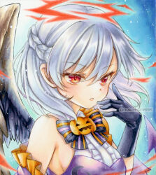 1girl alternate_costume alternate_wing_color black_gloves black_wings blush bow bowtie braid breasts commentary detached_sleeves dress feathered_wings gloves grey_hair halloween_costume jack-o&#039;-lantern kishin_sagume long_hair nekofish666 purple_dress red_eyes single_wing solo touhou traditional_media twitter_username wings