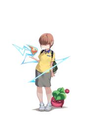 Rule 34 | &gt; &lt;, 1girl, absurdres, arm at side, backpack, bag, blue socks, breast pocket, breasts, brown hair, buttons, cherubi, closed mouth, collared shirt, commission, crossed bangs, electricity, eyes visible through hair, female focus, full body, gen 4 pokemon, gpaper232, grey footwear, grey skirt, hair between eyes, hair over eyes, hand up, happy, highres, looking at viewer, mole, mole under eye, nintendo, open mouth, orange eyes, original, pencil skirt, pocket, pokemon, pokemon (creature), red eyes, rotom, rotom (normal), sharp teeth, shirt, shoes, short hair, short sleeves, side slit, sidelocks, simple background, skirt, small breasts, smile, socks, standing, teeth, white background, yellow shirt