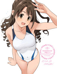 1girl baba_arumi breasts brown_eyes brown_hair competition_swimsuit covered_navel drill_hair from_above highleg highleg_one-piece_swimsuit idolmaster idolmaster_cinderella_girls logo long_hair looking_at_viewer medium_breasts one-piece_swimsuit one_side_up shimamura_uzuki simple_background smile solo swimsuit waving white_background white_one-piece_swimsuit
