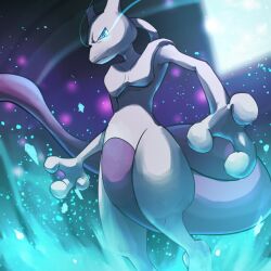 Rule 34 | absurdres, blue eyes, colored skin, gen 1 pokemon, glowing, glowing eyes, grey skin, highres, legendary pokemon, looking at viewer, mewtwo, multicolored skin, nintendo, pokemon, pokemon (creature), purple skin, solo, spicyichizo, standing, tail, two-tone skin