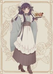 1girl alternate_costume aoki_reika apron black_gloves blue_bow blue_bowtie blue_eyes blue_hair blue_kimono blunt_bangs boots bow bowtie brown_boots brown_hakama brown_sash closed_mouth cup dot_nose enmaided eyelashes floral_background flower frilled_apron frilled_gloves frilled_hair_tubes frilled_sleeves frills full_body gloves grey_background grey_bow hair_bow hair_tubes hakama hakama_skirt happy high_heel_boots high_heels highres holding holding_tray japanese_clothes kimono lace lace-trimmed_kimono lace-up_boots lace_trim light_blush lips long_hair long_skirt long_sleeves looking_at_viewer maid maid_day maid_headdress mochico_bb obi outside_border picture_frame pinching_sleeves pink_lips precure rose sash short_kimono sidelocks skirt smile smile_precure! solo tareme teapot tray wa_maid white_apron wide_sleeves yunomi