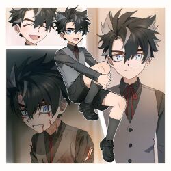 1boy :d ^_^ aged_down angry black_hair black_shoes black_shorts black_socks bleeding blood blood_from_forehead blood_from_mouth blood_on_clothes blood_on_face blue_eyes border buttons child clenched_teeth closed_eyes closed_mouth collared_shirt commentary_request cuts domo_(domo_kizusuki) genshin_impact grey_hair grey_shirt grey_vest hair_between_eyes happy highres injury looking_at_viewer male_focus multicolored_hair multiple_views neck_ribbon open_mouth parted_bangs red_ribbon ribbon shirt shoes short_hair shorts smile socks split_mouth streaked_hair teeth torn_clothes torn_shirt upper_body v-shaped_eyebrows vest white_border wing_collar wriothesley_(genshin_impact)