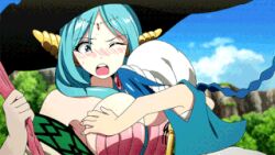 1boy 1girl aladdin_(magi) animated animated_gif anime_screenshot blue_hair breast_smother breasts face_to_breasts large_breasts lowres magi_the_labyrinth_of_magic smile yamuraiha