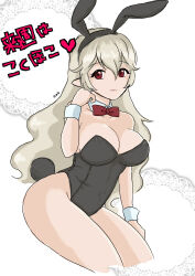 1girl absurdres alternate_costume black_hairband black_leotard bow bowtie breasts cleavage detached_collar e_m_a female_corrin_(fire_emblem) fire_emblem fire_emblem_fates hairband highres large_breasts leotard nintendo playboy_bunny pointy_ears red_bow red_bowtie red_eyes solo strapless strapless_leotard thighs