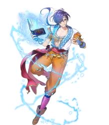 Rule 34 | 1boy, attack, blue gloves, book, bridal gauntlets, earrings, electricity, fire emblem, fire emblem: thracia 776, fire emblem heroes, gloves, headband, highres, holding, holding book, homer (fire emblem), jewelry, long hair, male focus, nintendo, non-web source, official art, open book, ponytail, purple eyes, purple hair, scarf, shirt, solo, tassel, tassel earrings, white shirt