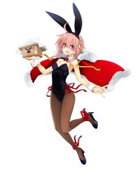 10mo 1girl :d absurdres ahoge animal_ears ankle_ribbon black_footwear black_hairband black_leotard breasts brown_pantyhose cape cleavage fake_animal_ears female_focus fudou_yukimitsu full_body fur_trim hair_between_eyes hair_ornament hairband high_heels highres holding leg_ribbon leotard long_hair looking_at_viewer open_mouth pantyhose pink_eyes pink_hair playboy_bunny pumps rabbit_ears rabbit_hair_ornament red_cape red_ribbon ribbon sideboob simple_background small_breasts smile solo strapless strapless_leotard tenka_hyakken white_background