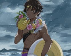 1boy abs brown_eyes brown_hair dark-skinned_male dark_skin fire_emblem fire_emblem_engage fire_emblem_heroes flower flower_necklace fogado_(fire_emblem) fogado_(summer)_(fire_emblem) food fruit highres innertube jewelry leon0630claude male_focus male_swimwear necklace nintendo pineapple purple_swim_trunks rain swim_ring swim_trunks
