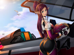 Rule 34 | 1girl, armor, ass, blue eyes, blue sky, bodysuit, canopy (aircraft), cloud, commentary, contrail, english commentary, esteban barrientos, fleet, flying, helmet, highres, holding, holding helmet, lips, looking at viewer, looking back, macross, macross delta, mirage farina jenius, pilot suit, pointy ears, ponytail, purple hair, science fiction, shoulder armor, signature, sky, space helmet, spacesuit, sun, sunlight, variable fighter, vf-31