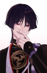 Rule 34 | 1boy, absurdres, armor, artist name, bishounen, black bodysuit, black hair, black kimono, blunt ends, bodysuit, clenched teeth, covered collarbone, covering own mouth, eyeliner, eyeshadow, genshin impact, gold, grin, hand over own mouth, hand up, highres, illa ohara, japanese armor, japanese clothes, jewelry, juban, kimono, kote, kurokote, looking at viewer, makeup, male focus, mitsudomoe (shape), neck ring, portrait, purple eyes, purple rope, red eyeliner, red eyeshadow, red kimono, rope, scaramouche (genshin impact), shimenawa, smile, smirk, solo, tassel, teeth, tomoe (symbol), tsurime, white background, white kimono, white rope, wispy bangs