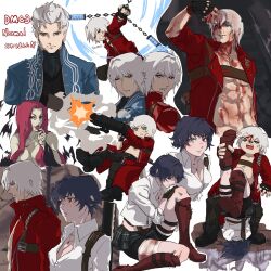 2boys 2girls bandaged_leg bandages black_gloves black_hair blood blood_on_face bloody_bandages blue_coat breasts cerberus_(devil_may_cry) cleavage coat colored_skin copyright_name crying dante_(devil_may_cry) devil_may_cry devil_may_cry_(series) devil_may_cry_3 fingerless_gloves gloves green_eyes green_skin heterochromia highres jewelry kalina_ann_(weapon) lady_(devil_may_cry) midriff multiple_boys multiple_girls necklace nevan ninuneno_pam no_shirt red_coat red_eyes red_hair rocket_launcher scar scar_on_face scar_on_nose shirt vergil_(devil_may_cry) weapon white_hair white_shirt