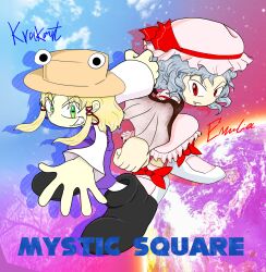 Rule 34 | 2girls, bat wings, black footwear, blonde hair, blue hair, bow, box art, dress, embodiment of scarlet devil, fake box art, fang, frog hat, green eyes, highres, horizontal pupils, krakart, moriya suwako, mountain of faith, multiple girls, non-web source, purple dress, pyonta, red bow, red eyes, red ribbon, remilia scarlet, ribbon, slit pupils, socks, sokuway, sonic (series), sonic adventure 2, touhou, touhou hisoutensoku, white dress, white footwear, white socks, wings