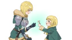 Rule 34 | 2girls, aged down, armor, blonde hair, blunt bangs, bob cut, breasts, dual persona, fire emblem, fire emblem: three houses, fire emblem warriors: three hopes, flower, fur trim, giving flower, gloves, green eyes, highres, holding, holding flower, ingrid brandl galatea, light blush, looking at another, medium breasts, multiple girls, nintendo, official alternate costume, official alternate hair length, official alternate hairstyle, open mouth, shoulder armor, simple background, time paradox, upper body, white background, yuurururun