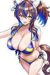 1girl alternate_costume animal_ears armpits bikini black_hair blush breasts daitaku_helios_(umamusume) fang fingernails hair_between_eyes hair_ornament haiwo halterneck horse_ears horse_girl horse_tail jewelry looking_at_viewer medium_breasts medium_hair multicolored_hair necklace one_eye_closed smile solo streaked_hair string_bikini swimsuit tail umamusume white_background yellow_eyes