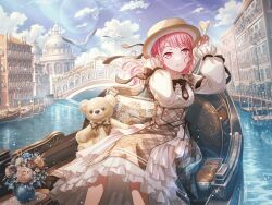 1girl bang_dream! bird boat bow bowtie bridge brown_bow brown_bowtie brown_ribbon building buttons cloud day dress earrings feet_out_of_frame flower frilled_dress frilled_sleeves frills hair_down hands_on_headwear hat hat_ribbon jewelry lens_flare light_particles long_hair long_sleeves looking_at_viewer maruyama_aya official_alternate_costume official_art outdoors parted_lips pink_eyes pink_hair plaid_clothes plaid_dress puffy_long_sleeves puffy_sleeves ribbon rose sitting sky sleeve_ribbon smile solo stuffed_animal stuffed_toy teddy_bear third-party_source vase venice water watercraft