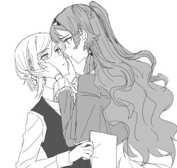 Rule 34 | 2girls, blush, braid, capelet, checkered hairband, collared shirt, freckles, gloves, greyscale, hair bun, hairband, hand on another&#039;s face, highres, long sleeves, macartura08, monochrome, multiple girls, parted lips, reverse:1999, shirt, side braid, single side bun, sonetto (reverse:1999), spot color, tears, two side up, vertin (reverse:1999), vest, yuri