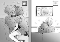 !? 2girls blush closed_eyes commentary couch crescent_moon cuddling ebizuka_tomo girls_band_cry glasses greyscale hand_on_another&#039;s_waist heart hina_(girls_band_cry) indoors iseri_nina kiss long_sleeves lwmina70119 medium_hair monochrome moon multiple_girls on_couch rupa_(girls_band_cry) short_hair short_sleeves sitting sitting_on_lap sitting_on_person spoken_interrobang sun twintails watching_television yuri