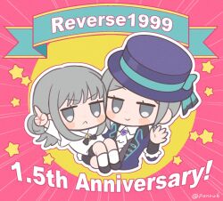 2girls :&lt; aged_down anniversary ascot banner blue_bow boater_hat bow carrying carrying_person chibi child_carry circle coat copyright_name cropped_torso dress emphasis_lines freckles grey_hair hair_bun hand_up hat hat_bow index_finger_raised looking_at_viewer medium_hair multiple_girls panri pink_background purple_coat purple_hat reverse:1999 shirt single_side_bun smile socks star_(symbol) time_paradox twitter_username upper_body vertin_(reverse:1999) white_ascot white_dress white_shirt white_socks