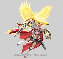 1girl abs arm_shield attack bilingual_commentary bird black_gloves breasts company_name dagr_(fire_emblem) dagr_(sunny_bloom)_(fire_emblem) emblem feather_trim fire_emblem fire_emblem_heroes full_body gladiator_sandals gloves glowing glowing_animal grey_background grey_hair grin holding holding_sword holding_weapon lips medium_breasts mixed-language_commentary muscular muscular_female navel nintendo official_alternate_costume official_art pelvic_curtain sandals sheath shield short_hair smile solo sword teeth weapon yamada_koutarou