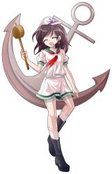 1girl ^_^ anchor anchor_print anchor_symbol arm_at_side black_boots boots breasts brown_hair closed_eyes collarbone commentary_request dairi full_body green_sailor_collar hand_up happy hat highres hishaku holding kneehighs large_variant_set long_hair medium_breasts miniskirt murasa_minamitsu neckerchief open_mouth pink_hat pink_serafuku pink_shirt pink_skirt pink_socks puffy_short_sleeves puffy_sleeves raised_eyebrows red_neckerchief sailor_collar sailor_hat school_uniform serafuku shirt short_sleeves simple_background skirt smile socks solo standing standing_on_one_leg tachi-e touhou transparent_background variant_set wispy_bangs