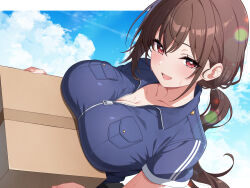 1girl absurdres blue_jacket blue_sky blush box breast_rest breasts brown_hair cleavage cloud day hair_between_eyes highres holding holding_box jacket large_breasts lens_flare long_hair looking_at_viewer open_mouth original outdoors ponytail red_eyes rin_ateria short_sleeves sidelocks sky smile solo sweat upper_body zipper
