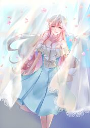 1girl bare_shoulders blue_dress blue_eyes breasts dress flower gundam gundam_seed gundam_seed_destiny gundam_seed_freedom hair_ornament highres kansyo lacus_clyne long_hair looking_at_viewer open_mouth pink_hair sleeveless smile solo very_long_hair
