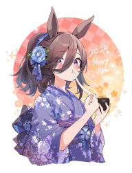 1girl 2024 absurdres alternate_hairstyle animal_ears blue_flower blue_rose blush bowl brown_hair chopsticks commentary_request cropped_torso eating floral_print floral_print_kimono flower food hair_over_one_eye hands_up happy_new_year high_ponytail highres holding holding_bowl holding_chopsticks horse_ears horse_girl japanese_clothes kimono looking_at_viewer mochi mochi_trail mola_mola new_year partial_commentary ponytail print_kimono purple_eyes purple_kimono rice_shower_(umamusume) rose solo umamusume white_background