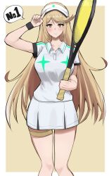 1girl blonde_hair border breasts brown_background cowboy_shot hat highres large_breasts long_hair miniskirt mythra_(xenoblade) racket shirt simple_background skirt solo sportswear tennis_racket tennis_uniform visor_cap white_border white_hat white_shirt white_skirt xenoblade_chronicles_(series) xenoblade_chronicles_2 yamame_012 yellow_eyes
