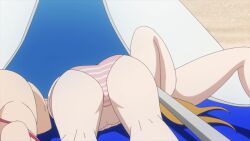 3girls animated anime_screenshot ass ass_focus ass_shake bikini blonde_hair cecile_(aiomodarkelf) chotto_dake_ai_ga_omoi_dark_elf_ga_isekai_kara_oikakete_kita from_behind highres mei_(aiomodarkelf) mochida_sakura_(aiomodarkelf) multiple_girls parasol pink_bikini restrained sound striped_bikini striped_clothes swimsuit tagme umbrella video white_bikini yellow_bikini